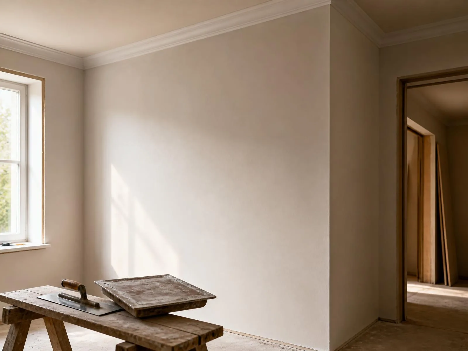 Freshly set plasterboard wall with a square-set corner and cornice, trowel resting on a trestle