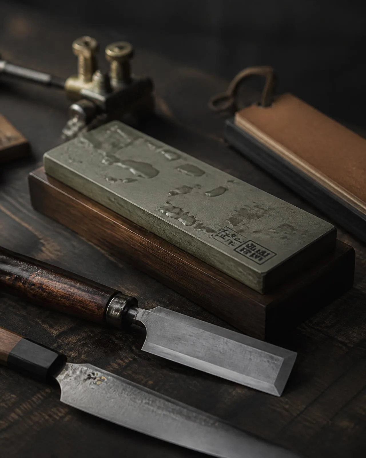 Wet sharpening stone on a timber bench beside two chisels and a kitchen knife